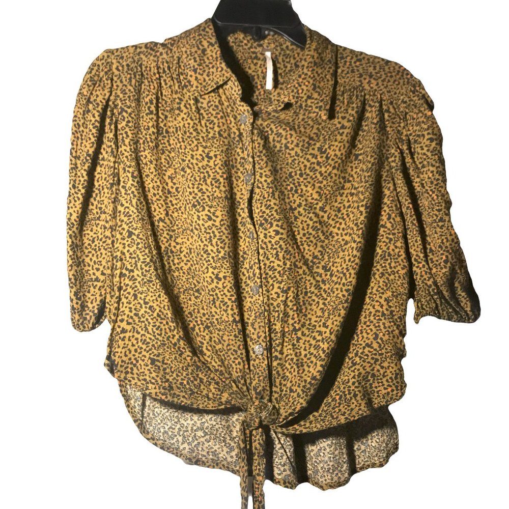 Free People Cheetah Button Down Blouse with Tie Front XS
